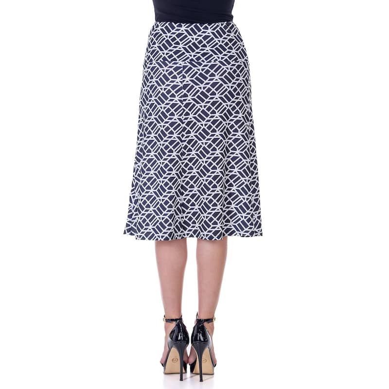 24seven Comfort Apparel Black Geometric Print Comfortable Elastic Waist Knee Length Skirt