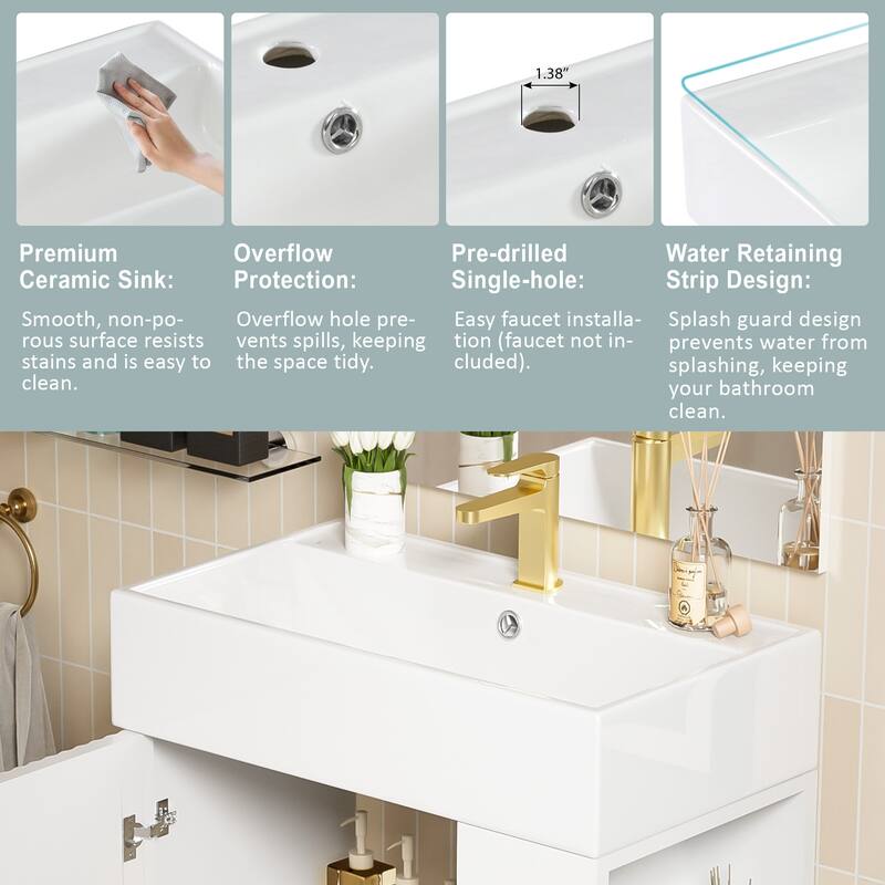 Bathroom Vanity With Combo Cabinet And Single Ceramic Sink, Right Side Storage, 21.6 Inches