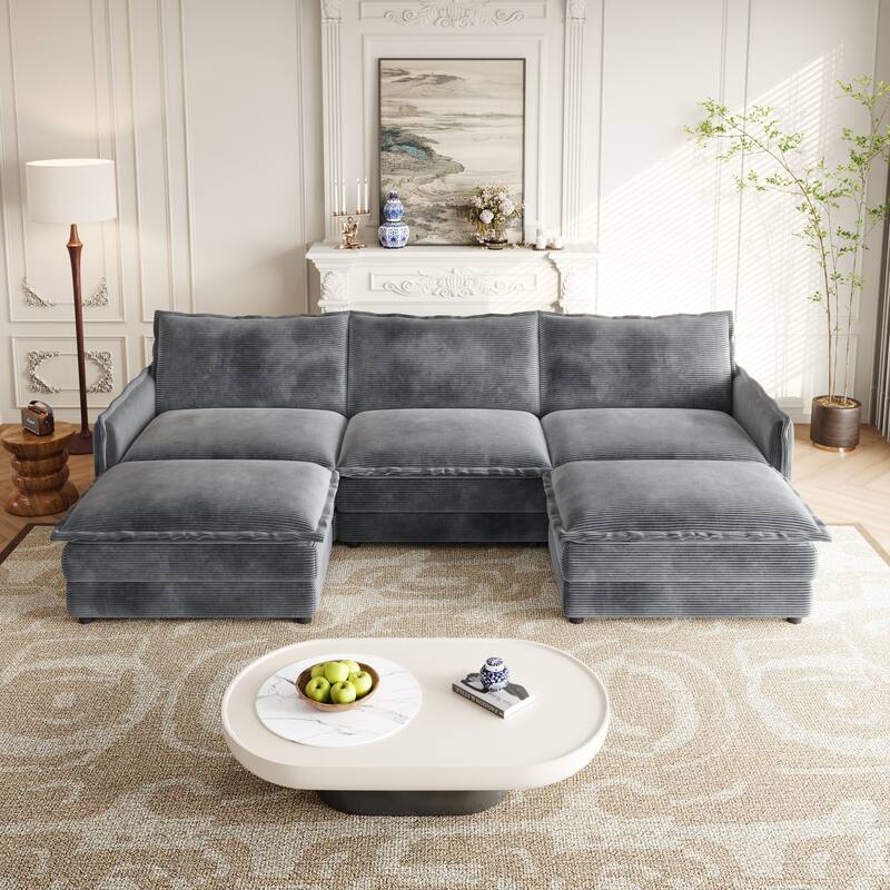 Living Room Cloud Sofa with Ottoman Chaise, 3-seater Upholstered Sectional Couch Corduroy Daybed Deep-seat Recliner Sofas