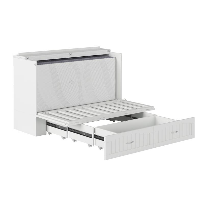 Murphy Bed Chest Solid Wood Modern Bed with Mattress & Storage - White Finish