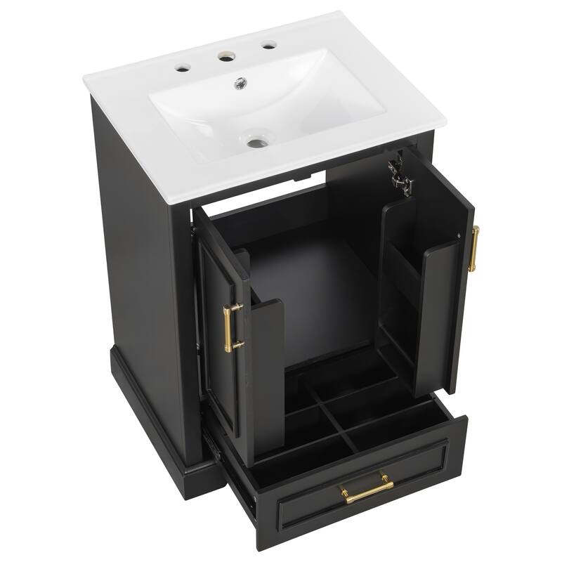 Bathroom Vanity with Ceramic Sink, Freestanding Bathroom Cabinet with Double Shelf, 1 Divided Drawer & 2 Soft Close Doors