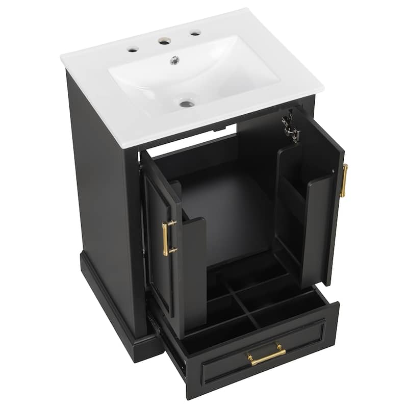 Roomfitters 24" Bathroom Vanity with Sink, Solid Wood Frame, 1 Divided Drawer and 2 Soft-Close Doors with Racks
