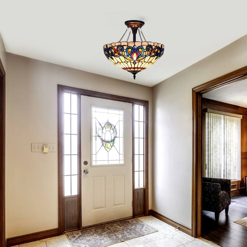 Tiffany-Style Victorian Design 2-light Dark Bronze Semi-Flush Mount