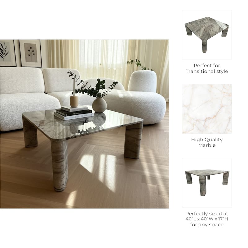 Marble Coffee Table Modern Square Rounded Corners - 17" Gray White - 40.0"