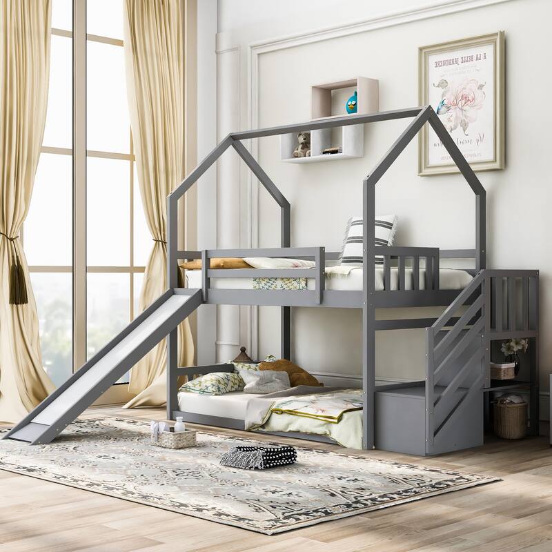Twin Over Twin House Bunk Bed w/Convertible Slide & Storage Staircase - Gray - Twin