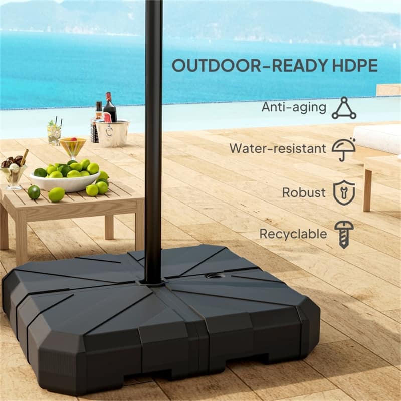 Black Heavy-Duty Outdoor Umbrella Base for 2.4 Inch Poles 143 lbs Sand or 130 lbs Water Fill HDPE Plastic Metal Cross Base