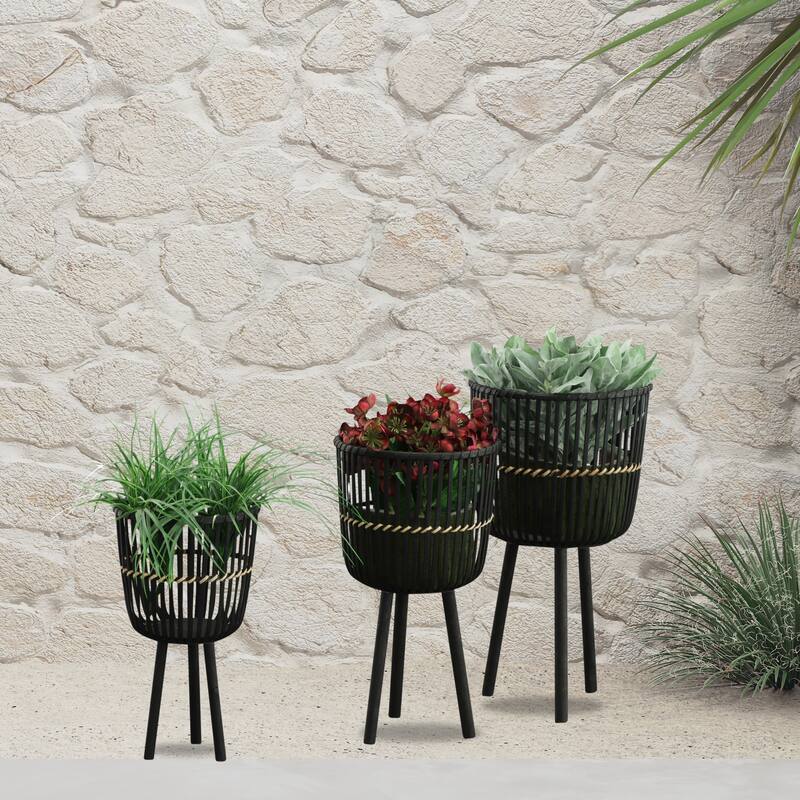 Sagebrook Home Wicker Modern Boho Bamboo Planter Set - 15"x15"x27" - Set of 3 Black