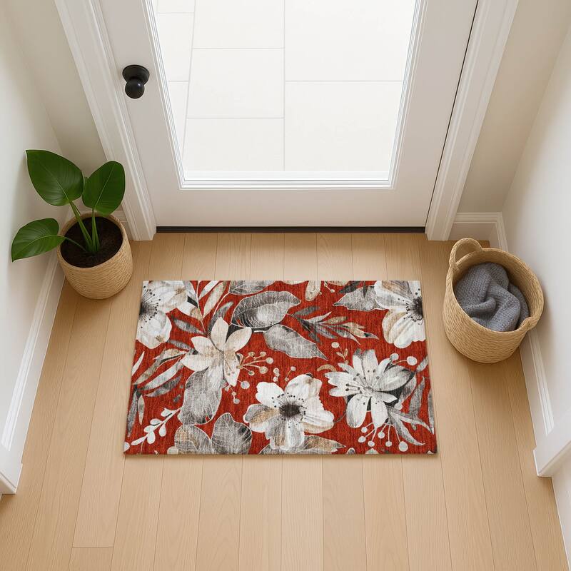 Machine Washable Indoor/ Outdoor Floral Chantille Rug