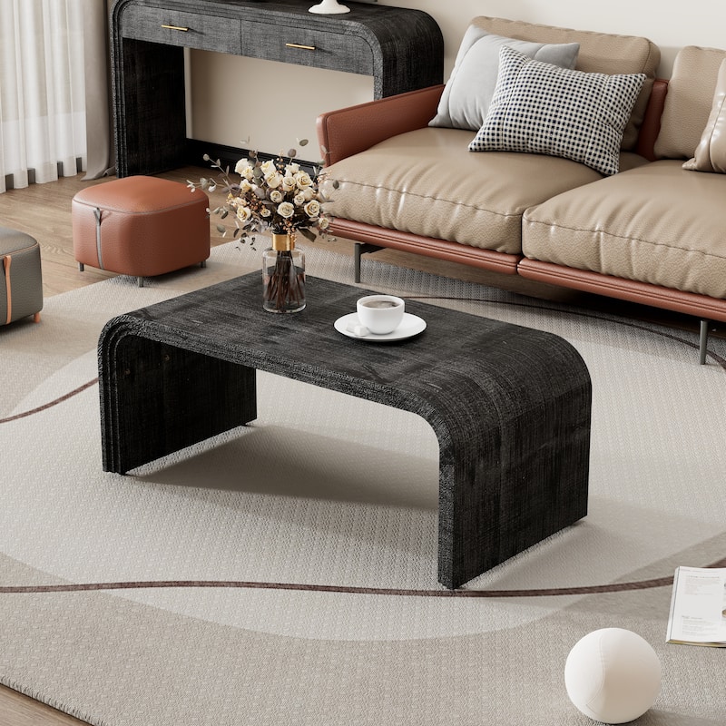 Coffee Table with Curved Art Deco Design, Minimalist Wood Rectangle Center Table, Cocktail Tea Coffee Table for Living Room