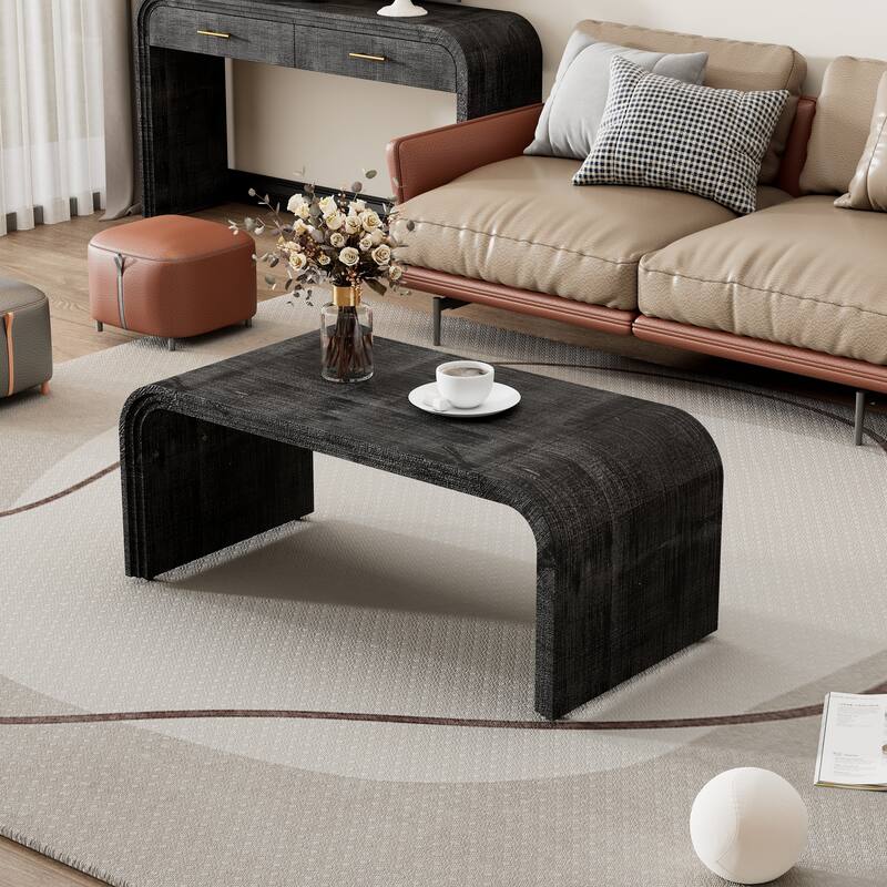 Minimalist Coffee Table with Curved Art Deco Design for Living Room or Dining Room(Natural Wood Wash) - Black