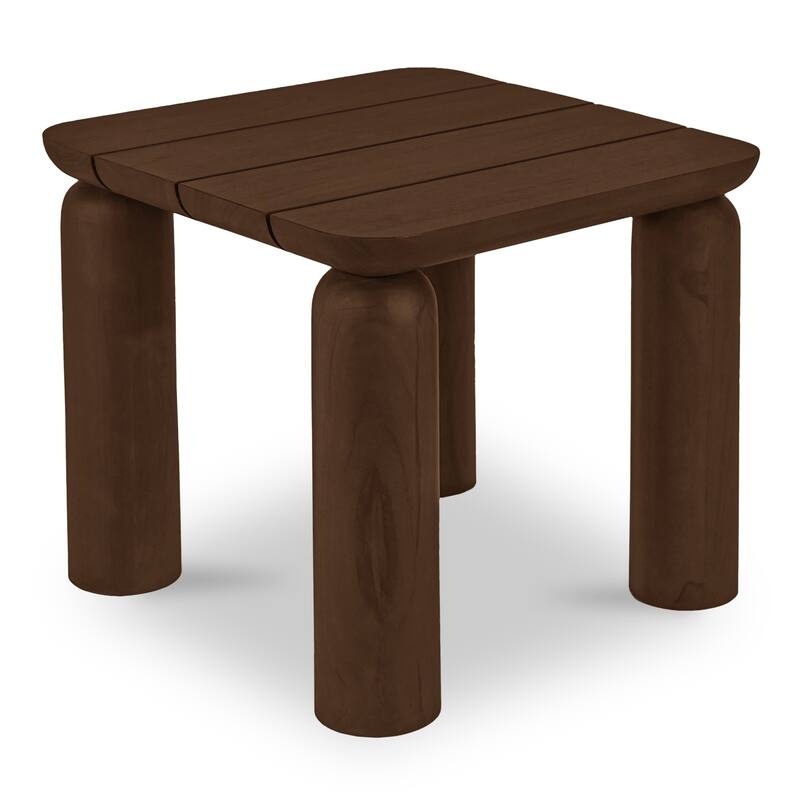 NADAAL STUDIOS Thalira Outdoor Side Table, Slatted Top in Solid Teak, Sculptural Form, Brown Finish