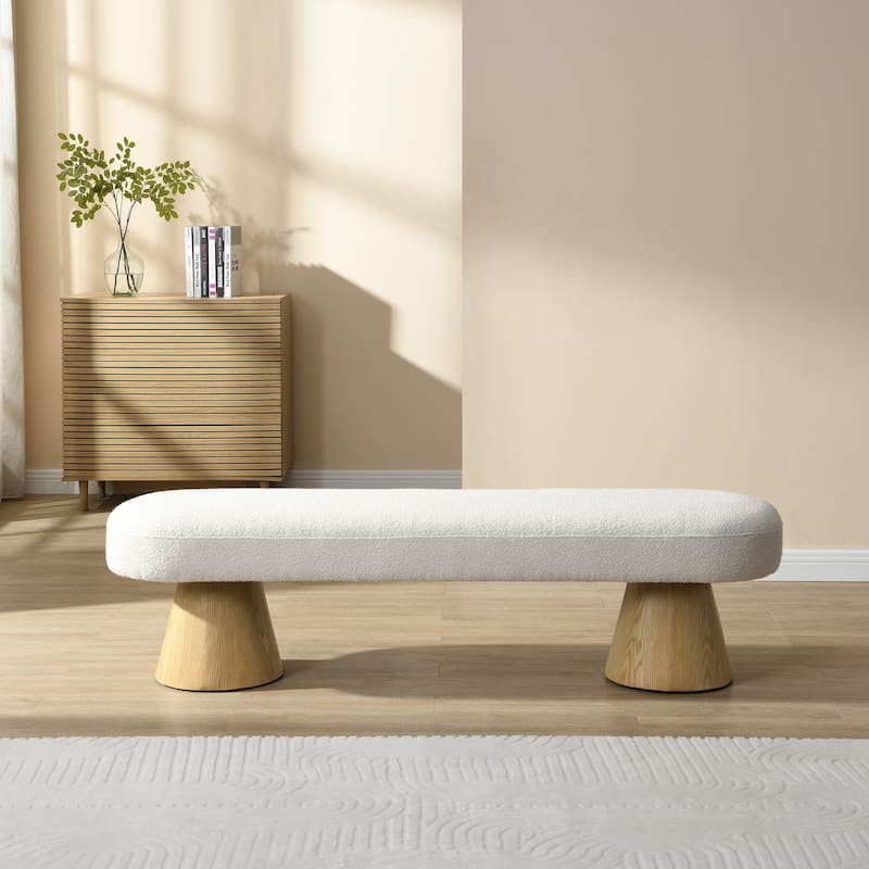 Dining Bench for Dining Room, Upholstered Bench, Boucle Ottoman, 64"L Orange Stool Top Wood Leg 300 LBS Weight Capacity