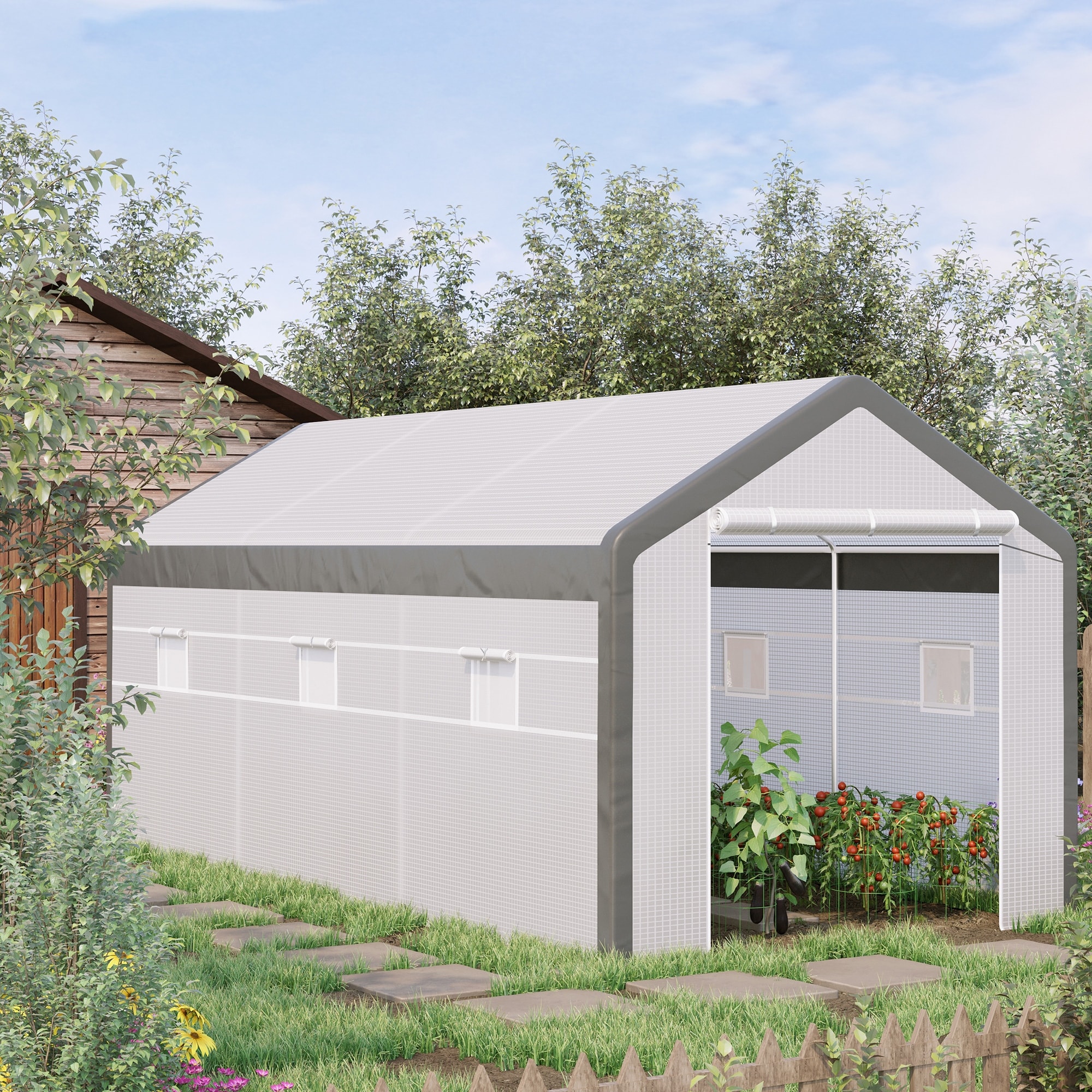Outsunny 20' L x 10' W x 9' H Large Walk-in Greenhouse with Roll Up Door, 8 Closeable Windows, & Weather PE Cover