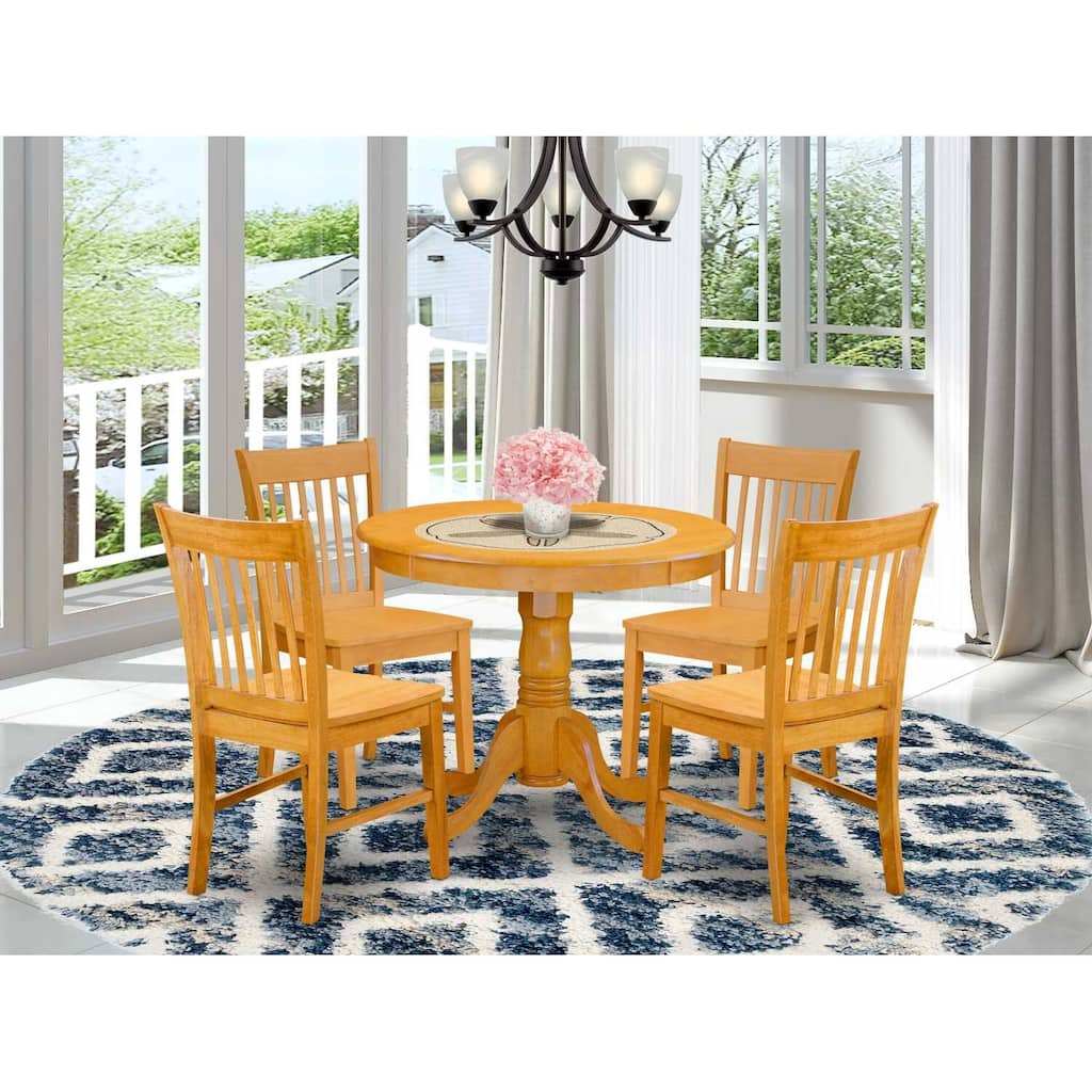HomeStock 5-Pc Round Natural Oak Finish Solid Wood Top Dining table with 4 Chairs