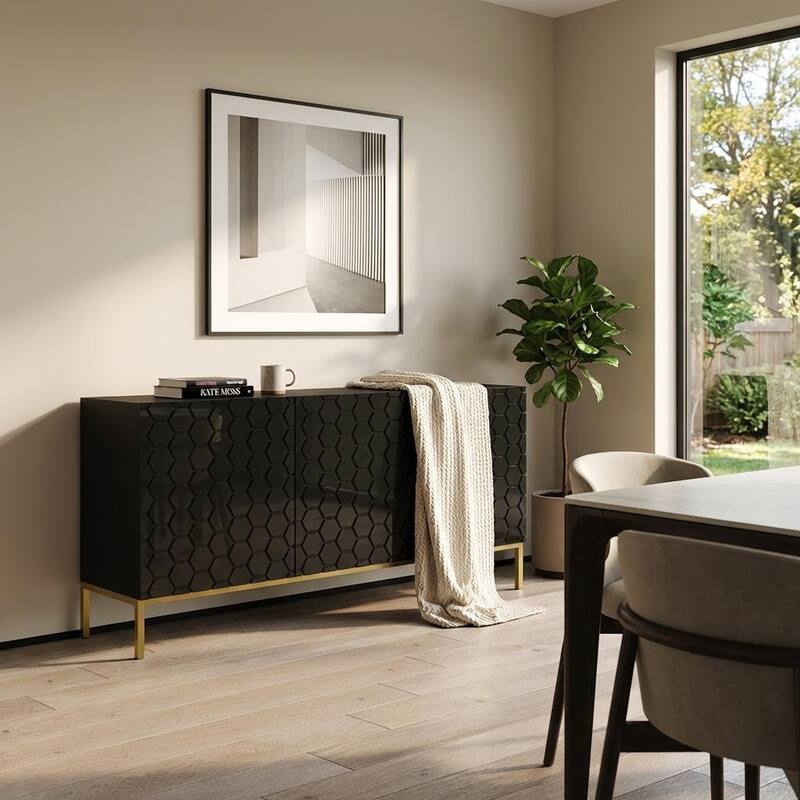 Meble Furniture Hexa 02 63" Sideboard Buffet Credenza 63W x 14.5D x 29.7H Modern European High Gloss & Matte Finish