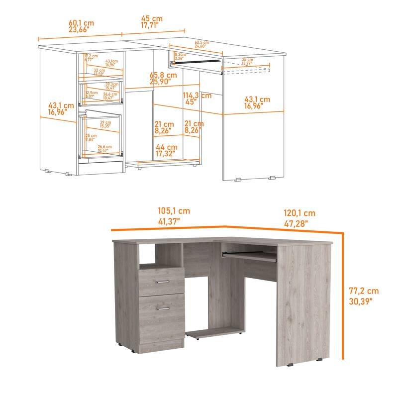 FM Furniture Raleigh L-Shaped Desk with Two Drawers, One Shelf and CPU Storage