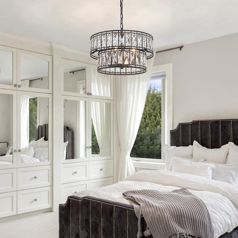 Aulia Modern Black Crystal 4-Light Drum Chandelier Lights for Dining Room - D15.5" x H10"