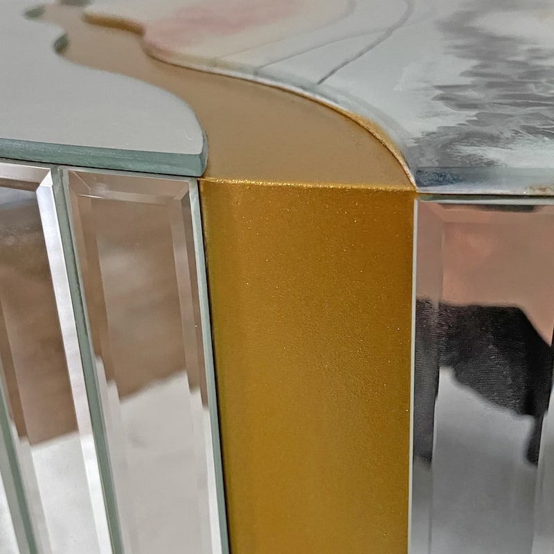 Marble pattern sticker Round Coffee Table, Cylindrical Silver Mirror with Gold Dust Finish, Modern Home Decor Table