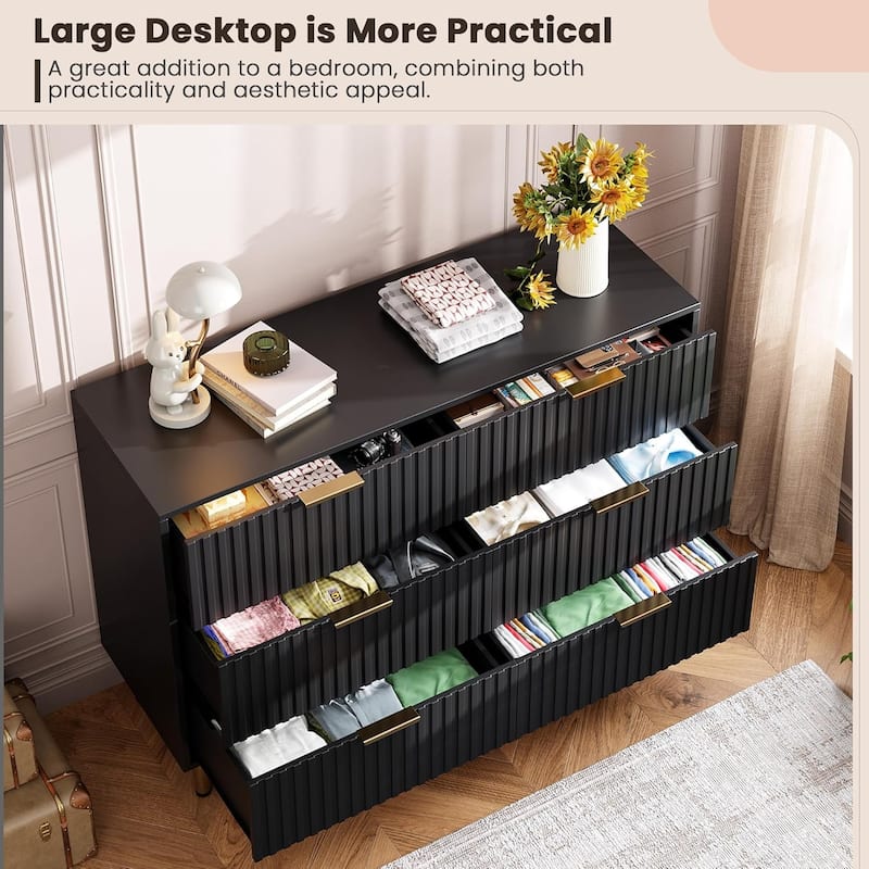Fluted 6 Drawer Dresser, Modern Wide Chest with Deep Drawers, Wooden Storage Organizer for Living Room, Hallway