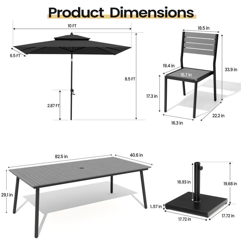 11PC Outdoor Patio Dining Set Aluminum Table with Stackable Chairs w/ Market Umbrella Set