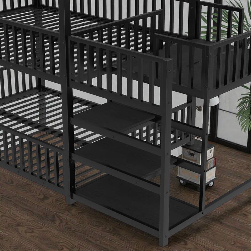 Metal House Bunk Bed with Storage Stairs and Slide, Safety Rails, Twin/Full Kids Bed Frame