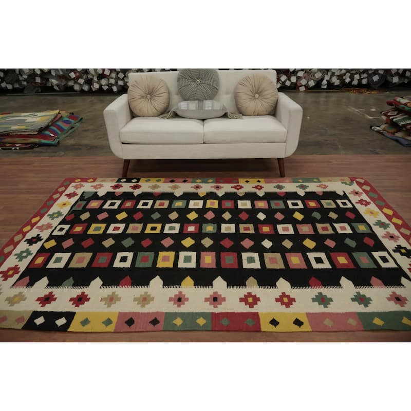 Hand Woven Oriental 100% Wool Carpet Southwestern Tribal Black Kilim Area Rug - 8' 8'' X 5' 8''