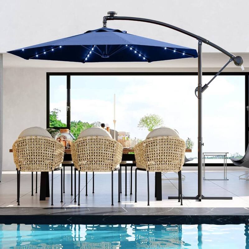 10FT Patio Outdoor Offset Umbrella with Lights for Deck Poolside Lawn Backyard