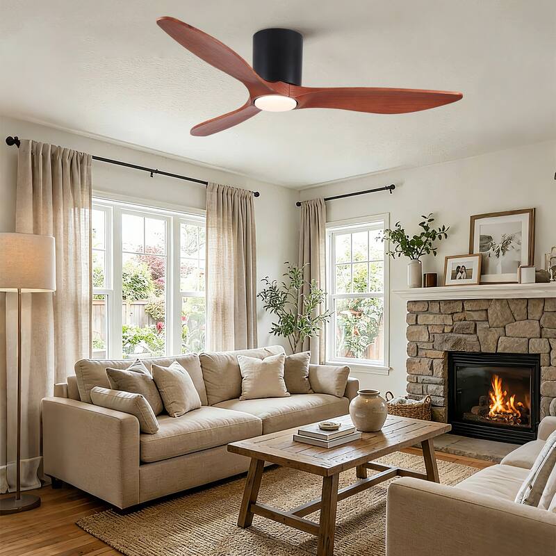 52" Mordern Farmhouse Retro Solid Wood Low Profile Flush Mount Ceiling Fan with Light and Reversible Quiet Motor