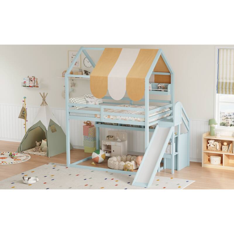 GDFStudio - Wooden Full Size House Bed with Canopy, Slide and Bookshelves