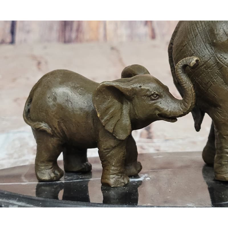 Mother And Child Imitative Elephant Calf Barye Bronze Sculpture On Marble Base