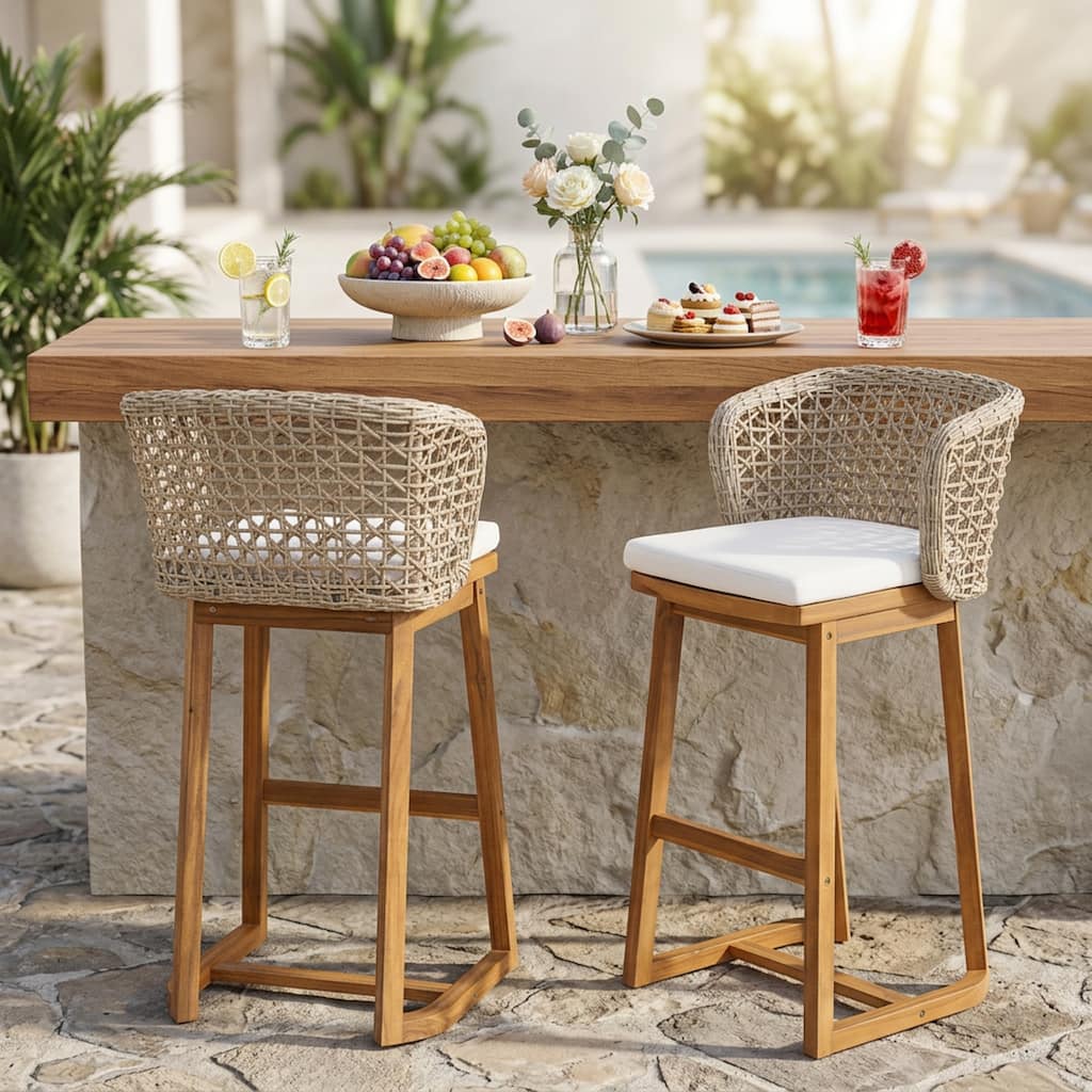 Christopher Knight Home - Dome Outdoor Bar Stool Acacia Wood and Light Brown Wicker, Set of 2