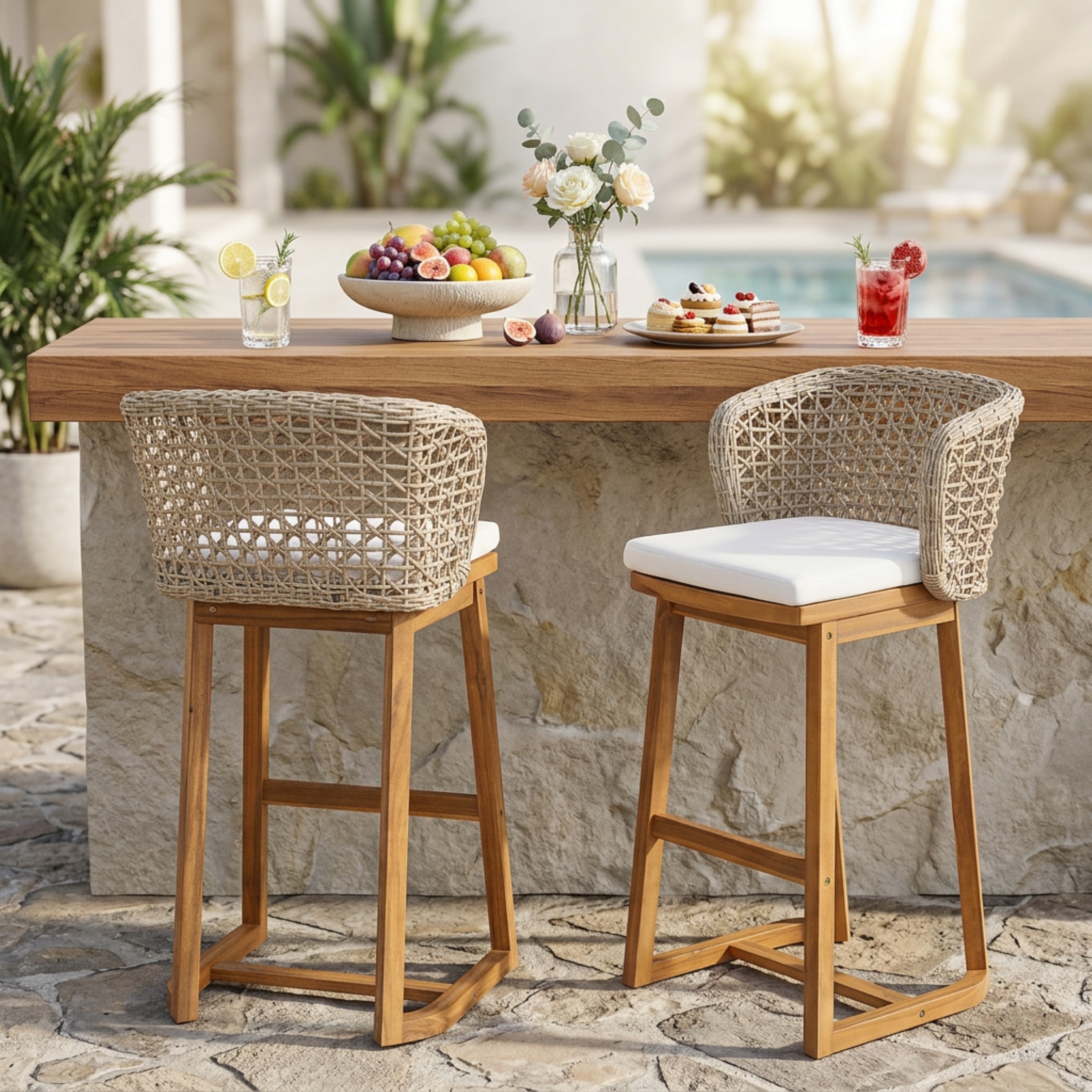 Christopher Knight Home - Dome Outdoor Bar Stool Acacia Wood and Light Brown Wicker, Set of 2