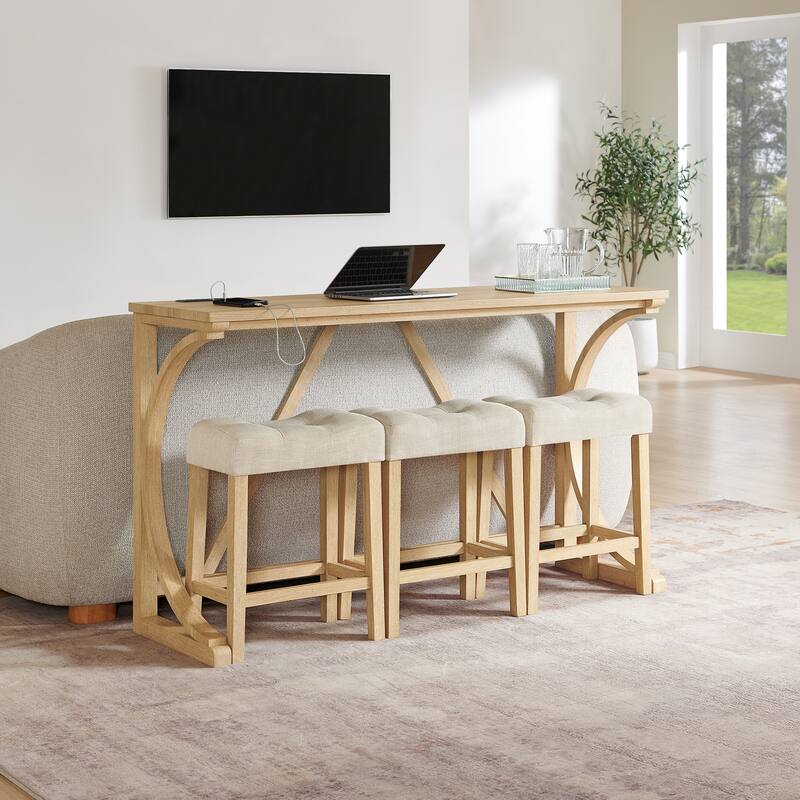 59" Bar Table Set with Power Outlet, Industrial Breakfast Table with 3 Stools, 4 Piece Counter Height Bar Table and Chair Set