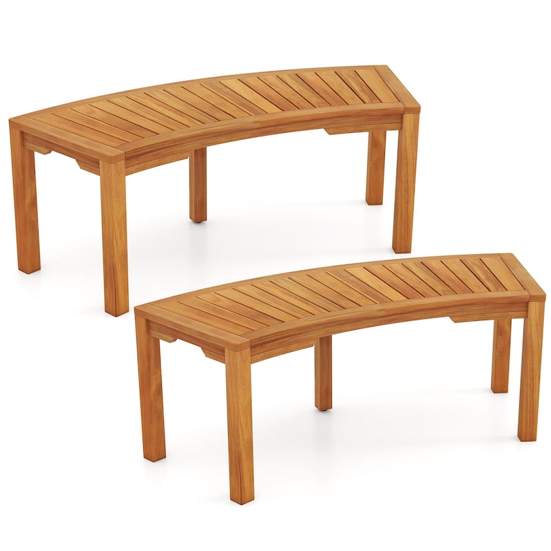 Solid Acacia Wood Outdoor Bench with Curved Design 45" Backless Seat for Garden or Deck - 19" x 45" x 17" (L x W x H) - 2-Piece