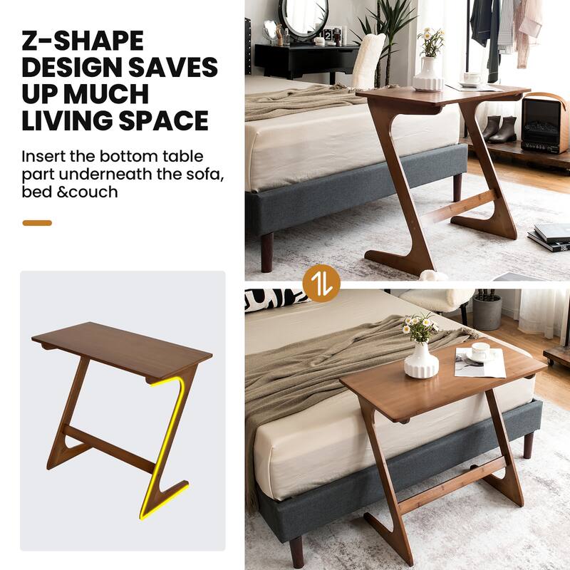 Costway Bamboo Sofa Side Table Z-Shaped Spacious Tabletop Space-Saving - See Details