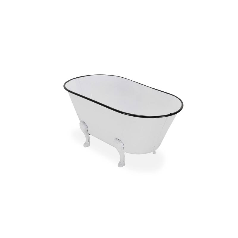HomeRoots 9" White White And Black Metal Hand Painted Decorative Tub - 20.00 in. x 9.00 in. x 11.00 in.