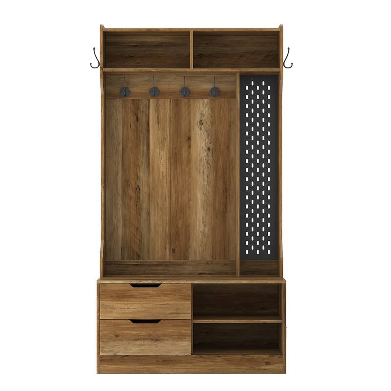 Modern Coat Rack Stylish Hallway Rack with Shoe Bench Storage Compartment 6 Hooks, Storage Bench, for Entryway, Hallway, Brown