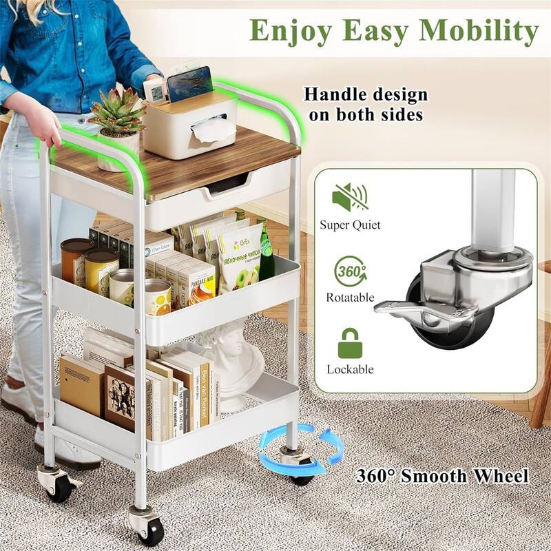 3 Tier Rolling Cart - 11.4"D x 16.5"W x 28.9"H