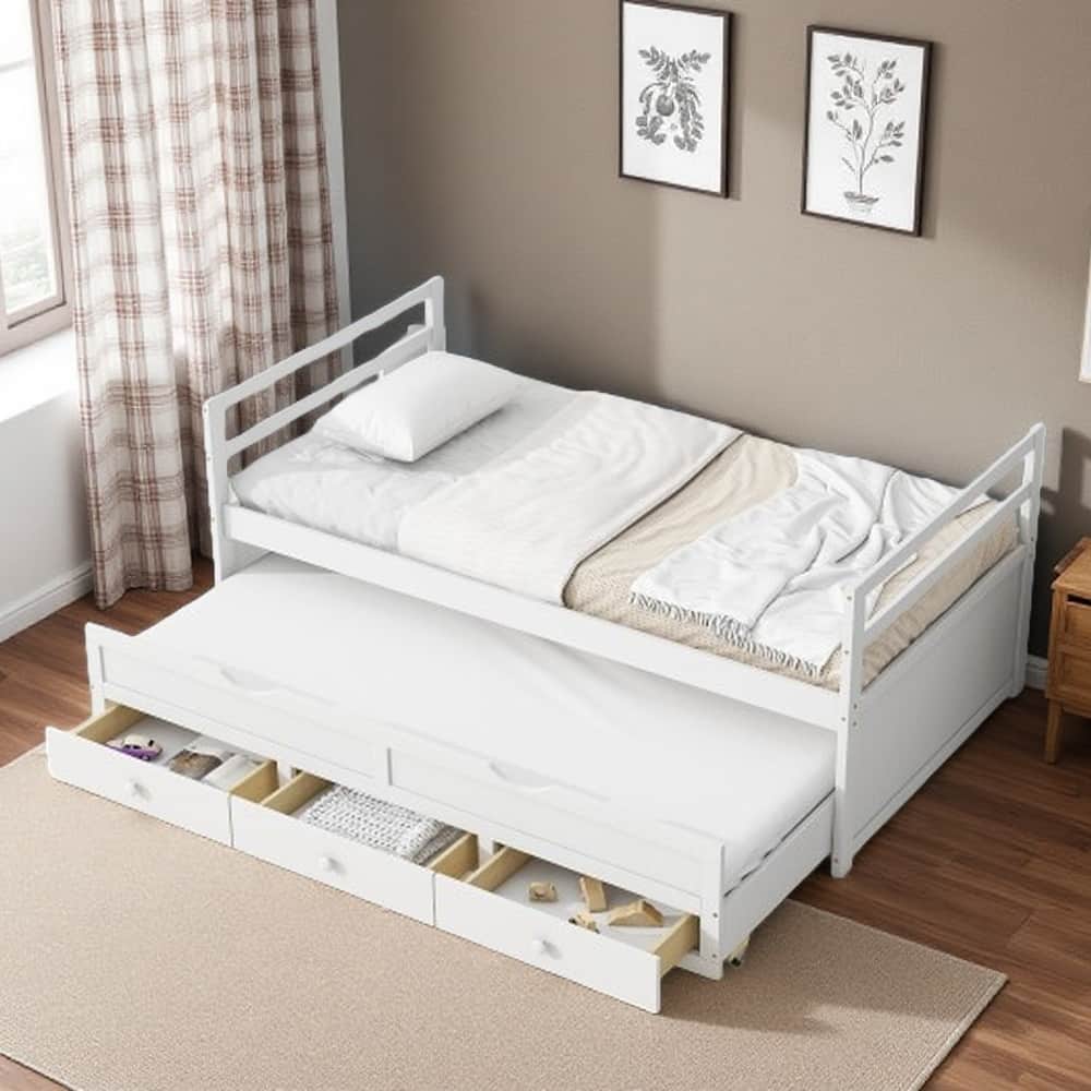 Twin Size Pine Wood Bed with Pull-Out Trundle, Three Storage Drawers, Headboard & Footboard, Space-Saving
