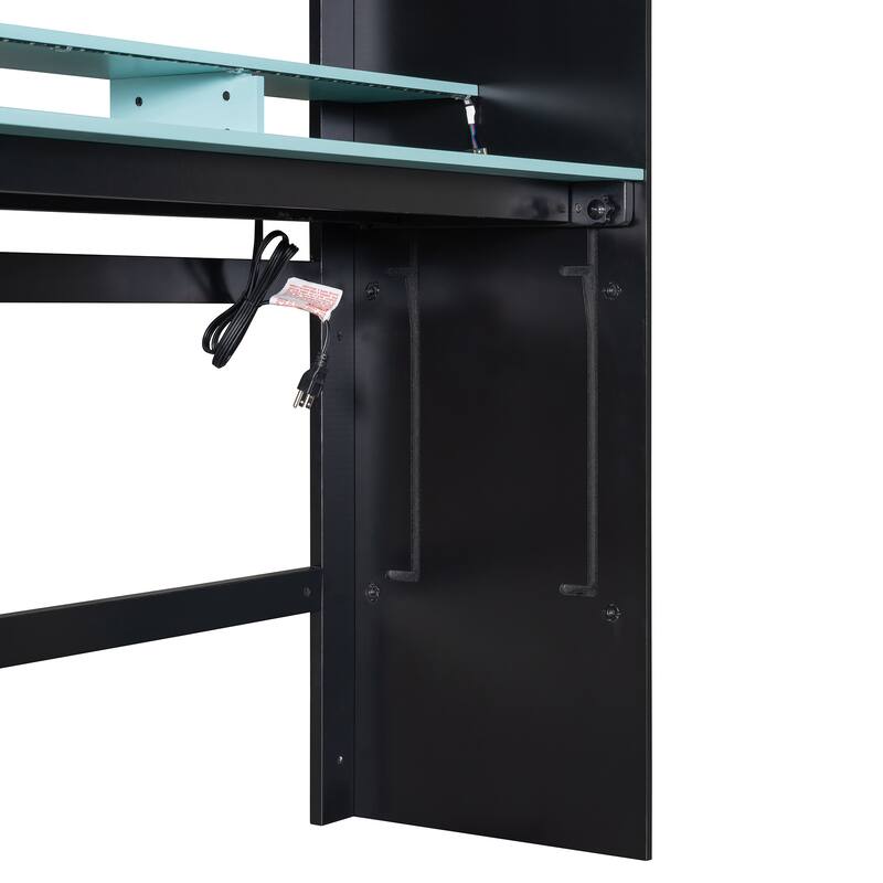 Full Size High Loft Bed, LED Loftbed Frame with Height Adjustable Desk, Wooden Storage Loft Bed with Wardrobe and Shelves