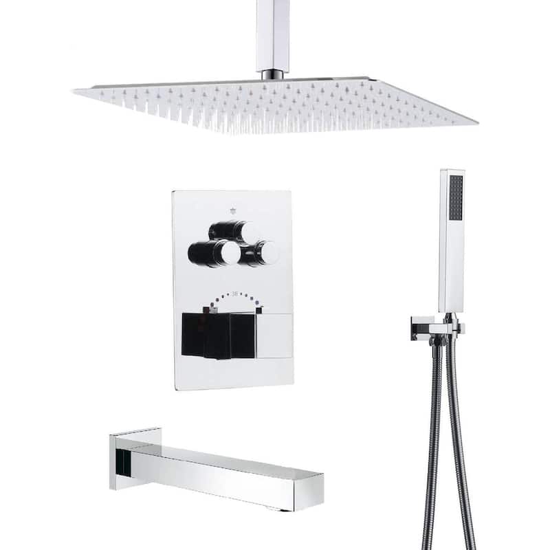 Chrome Ceiling Mount 16 Inch Rainfall Shower Head 3 Way Thermostatic