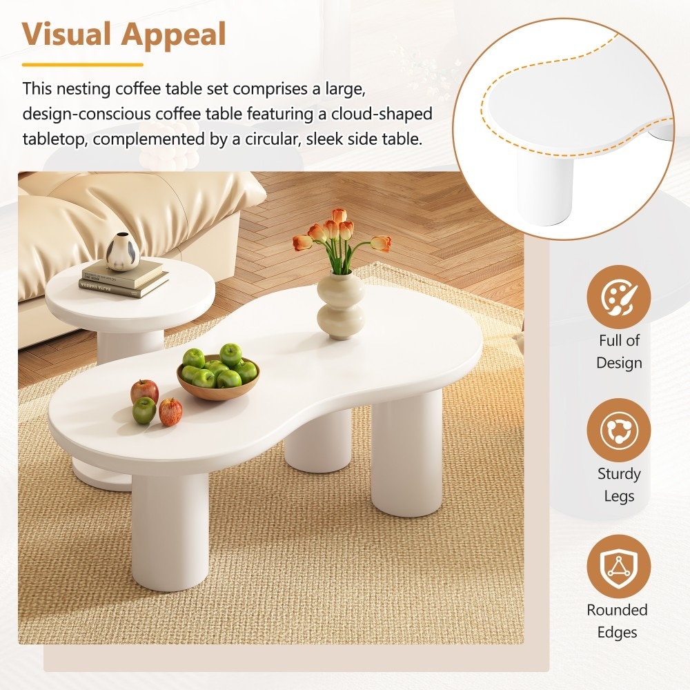 Nesting Coffee Table Set of 2, Cream Style Cloud Coffee Table with