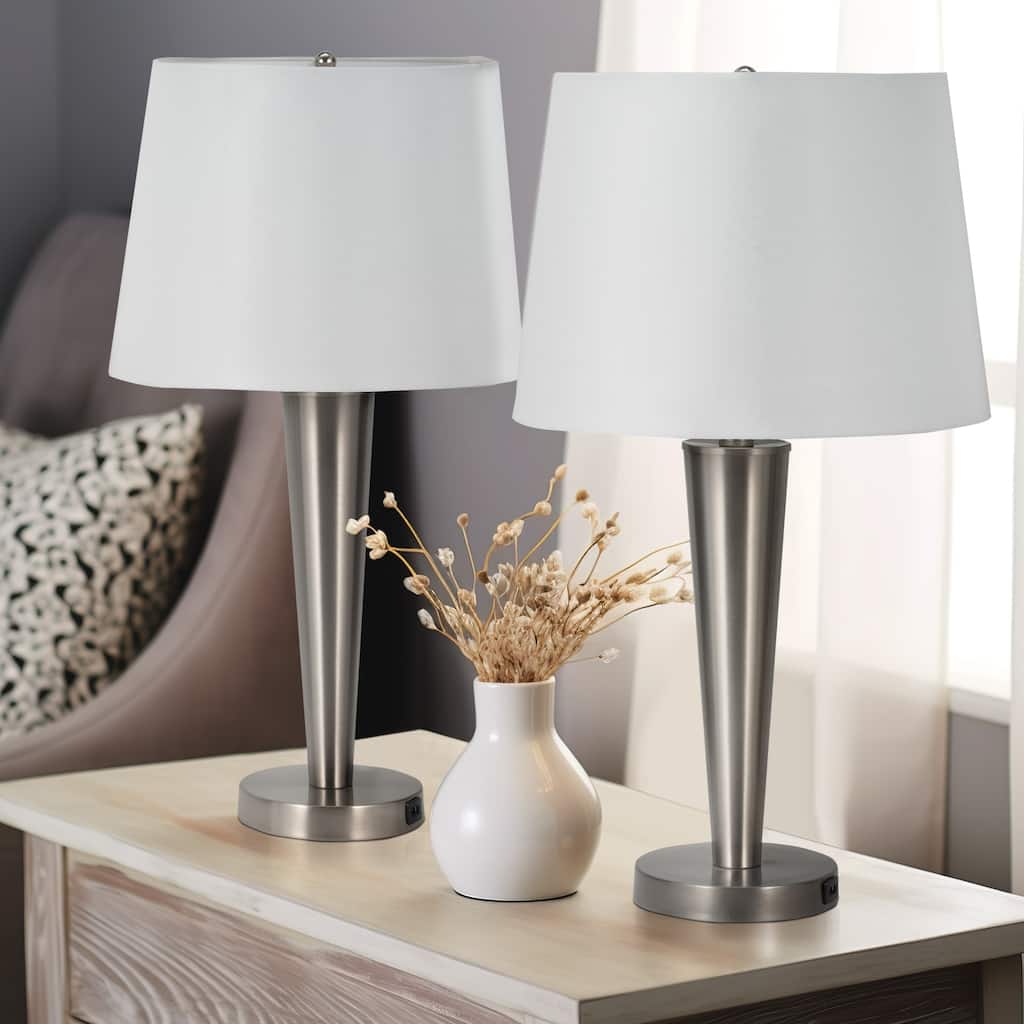 Sagebrook Home Set of Two, Slim Cone Table Lamps, Nickel, Steel and Linen Construction, Silver Finish, Modern - 14" x 14" x 25"