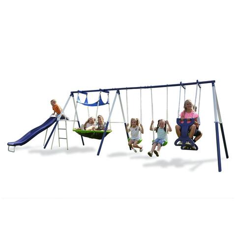 Metal Swing Set with Roman Glider, Saucer, and 6ft Heavy Duty Slide