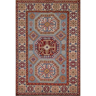 Blue Geometric Kazak Foyer Rug Bedroom Handmade Wool Carpet - 4'1" x 5'10"