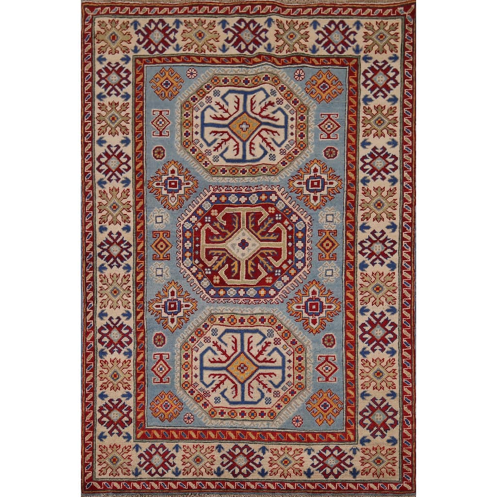 Blue Geometric Kazak Foyer Rug Bedroom Handmade Wool Carpet - 4'1" x 5'10"