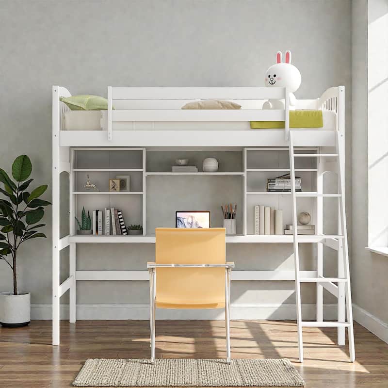 Twin Loft Bed with Desk and Storage Shelves, Solid Wood Loft Bed Frame with Ladder, Space Saving Design