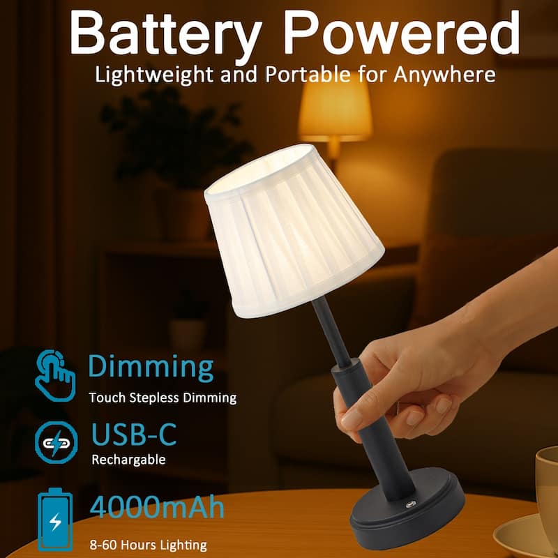 Modern Rechargeable LED Table Lamp with Fabric Shade Classic Touch Control USB Cordless Nightstand Light for Bedroom - W6''
