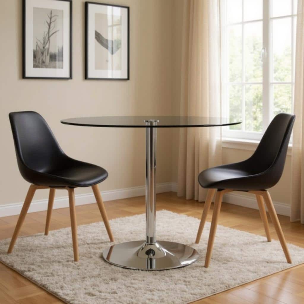 HomeRoots 42" Clear and Silver Glass and Metal Pedestal Base Round Top Dining Table - 42.00 in. x 30.00 in. x 42.00 in.