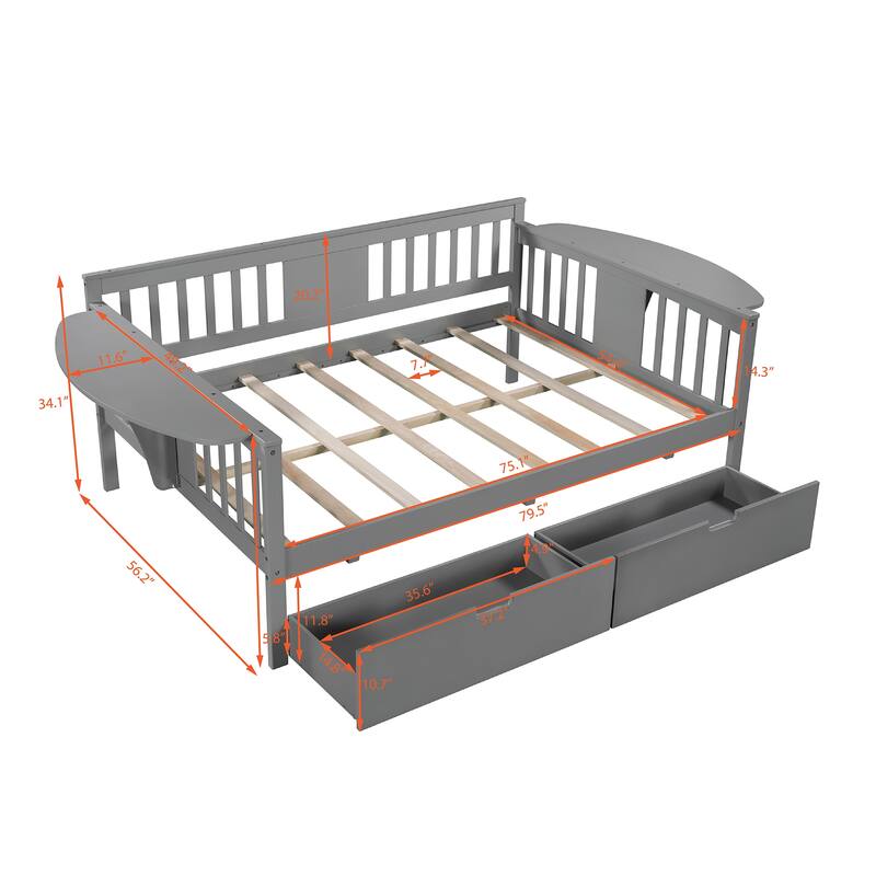 Full-size Daybed Sofa Bed with Two Drawers, Handrails, and Wood Slat Support